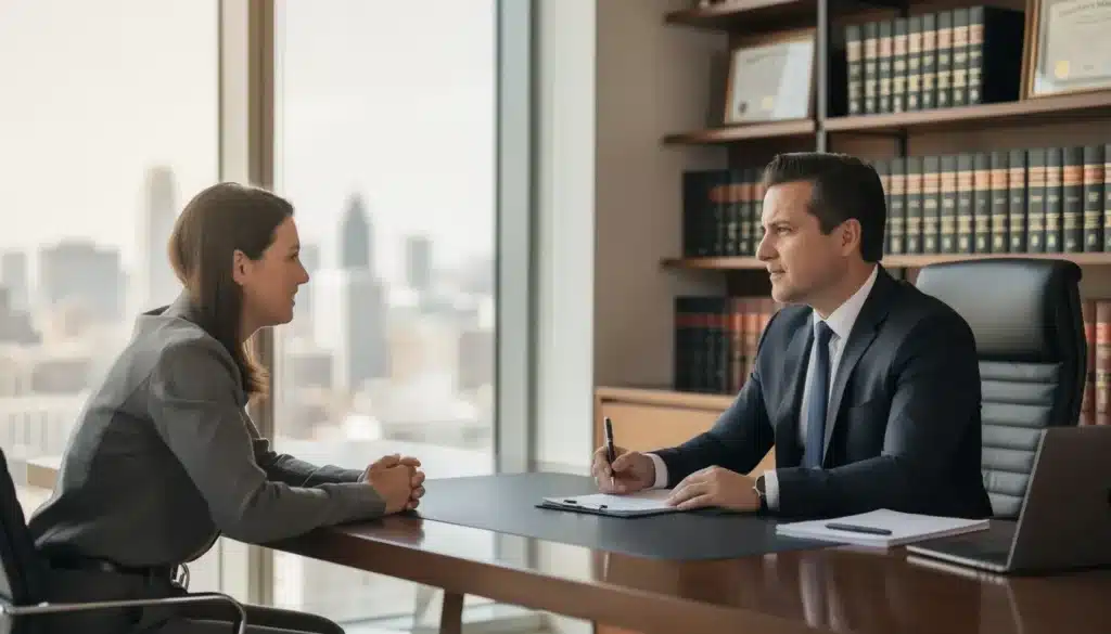 Attorney reviewing documents in a professional office setting.